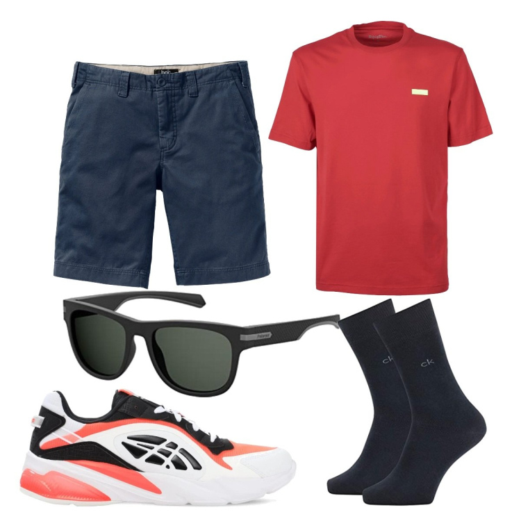 Outfit uomo - Giornate di sole a ottobre. Stile Trendy per Tutti i giorni. Abbinamento con bermuda, t-shirt, sneakers, occhiali da sole, calzini.