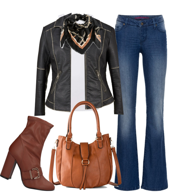Outfit donna - In città. Stile Casual chic per Tutti i giorni. Abbinamento con jeans bootcut, blazer, borse a mano, foulard, stivaletti, canottiere.