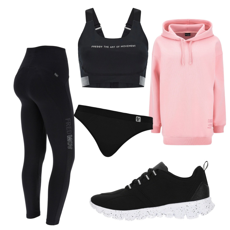 Outfit donna - Freddy wear. Stile Basic per Tutti i giorni. Abbinamento con perizomi, leggings, sneakers, felpe con cappuccio, reggiseni.