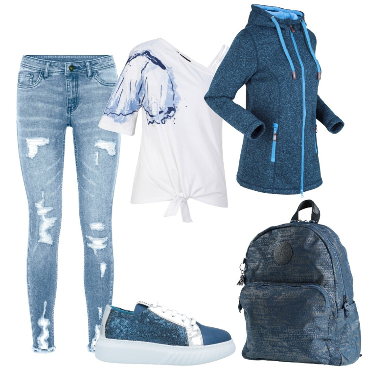 Outfit donna - Total look #1437973. Stile Casual chic per Scuola/Università. Abbinamento con blazer, maglieria, jeans strappati, zaini, sneakers.