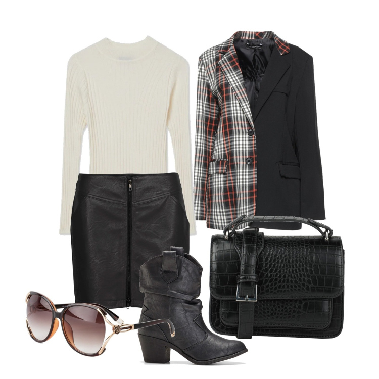 Outfit donna - La mini autunnale. Stile Casual chic per Tutti i giorni. Abbinamento con stivaletti texani, occhiali da sole, minigonne, blazer, borse a mano, maglieria.