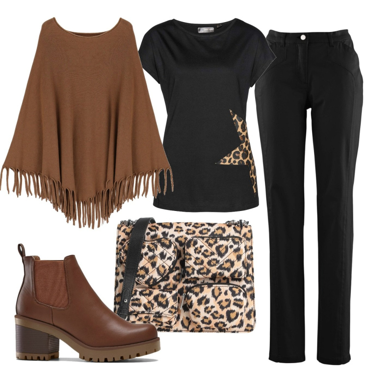 Outfit donna - Poncho d"autunno. Stile Casual per Tutti i giorni. Abbinamento con stivaletti chelsea, maglieria, pantaloni sportivi, borse a tracolla, cappotti.