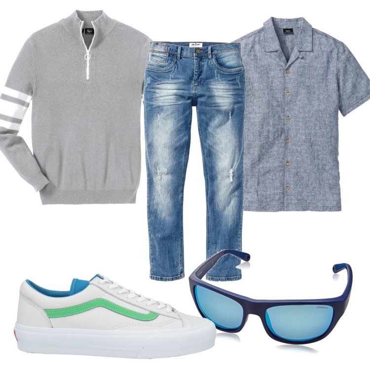 Outfit uomo - La polo grigia. Stile Casual per Tutti i giorni. Abbinamento con t-shirt sportive, camicie a manica corta, jeans slim fit, sneakers, occhiali da sole.