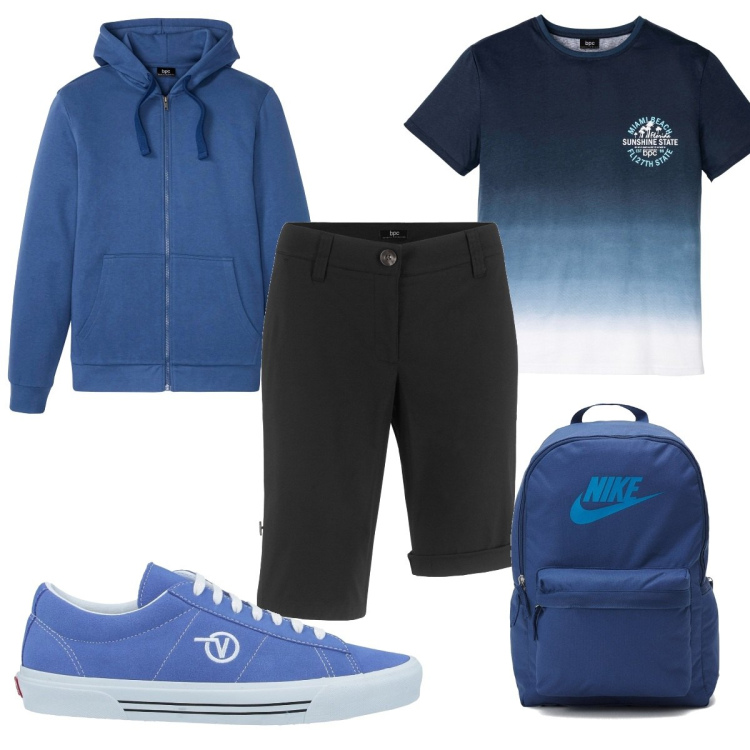 Outfit uomo - Domenica all\'aria aperta. Stile Trendy per Tutti i giorni. Abbinamento con bermuda, t-shirt, felpe con cappuccio, sneakers, borse sportive.