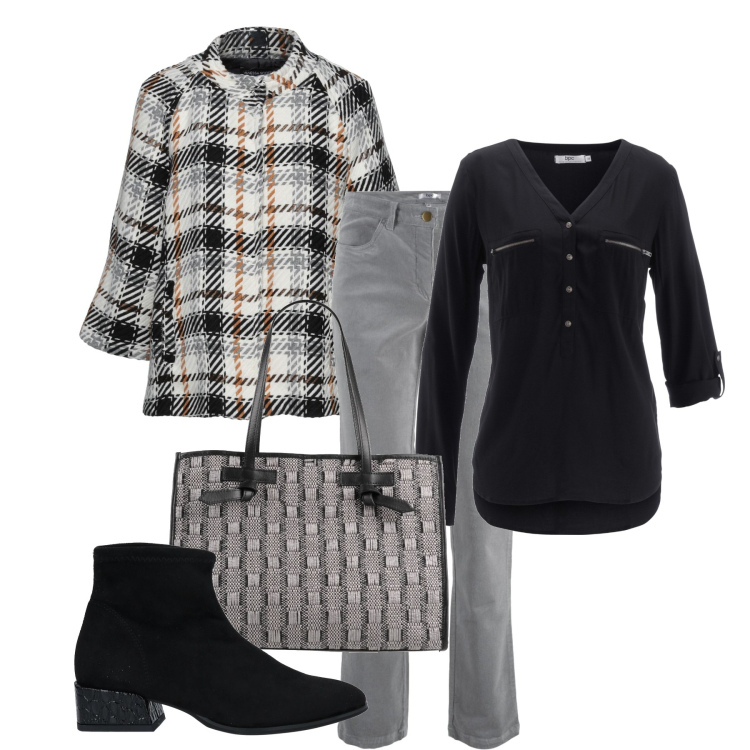 Outfit donna - Quadri accostati. Stile Casual chic per Scuola/Università. Abbinamento con pantaloni, bluse, cappotti, stivaletti, borse a mano.