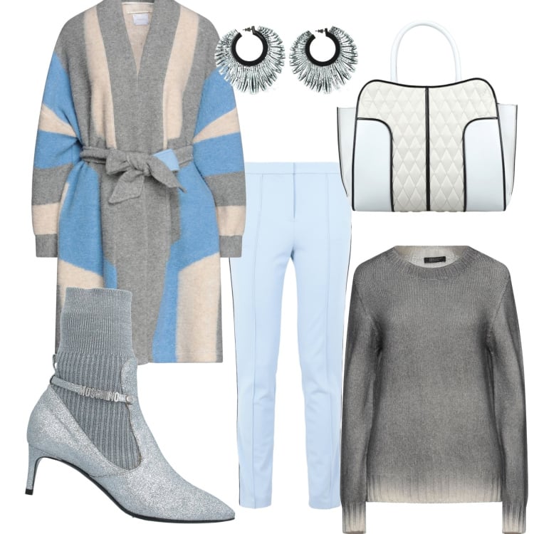 Outfit donna - In ufficio. Stile Casual chic per Ufficio. Abbinamento con stivaletti, cappotti, pantaloni, pullovers, borse a mano, orecchini.