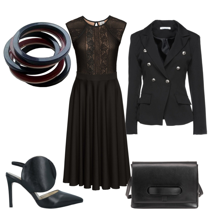 Outfit donna - Casual chic. Stile Casual chic per Serata fuori. Abbinamento con vestiti, décolleté, blazer, pochette, braccialetti.