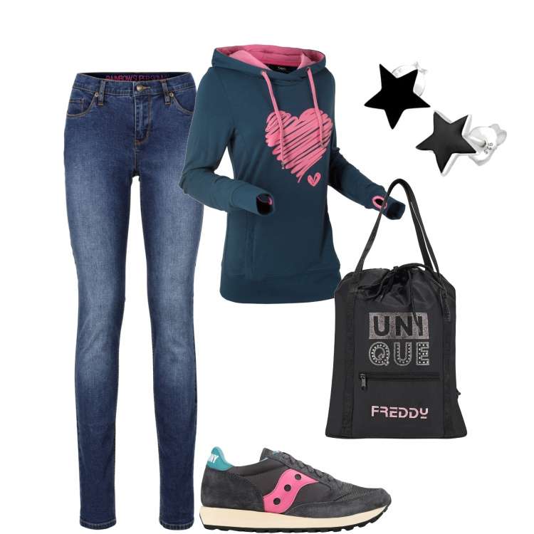 Outfit donna - Batticuore. Stile Casual per Tutti i giorni. Abbinamento con jeans skinny, felpe, sneakers, zaini, orecchini.