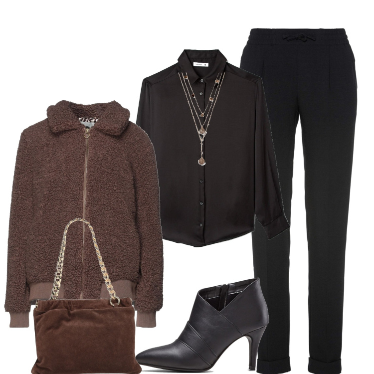 Outfit donna - In città. Stile Casual chic per Tutti i giorni. Abbinamento con pantaloni, stivaletti, ciondoli, cappotti, borse a mano, camicie.