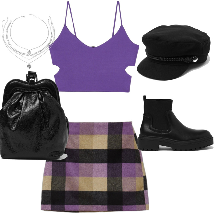 Outfit donna - Total look #1438095. Stile Urban Abbinamento con minigonne, pochette, cappelli con visiera, stivali, ciondoli, top.