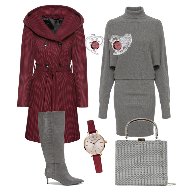 Outfit donna - Office. Stile Chic per Ufficio. Abbinamento con vestiti, cappotti, borse a mano, stivali, orologi analogici, orecchini.