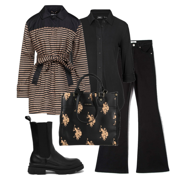 Outfit donna - Doppia fantasia. Stile Casual per Tutti i giorni. Abbinamento con camicie, cappotti, borse a mano, pantaloni, stivali.