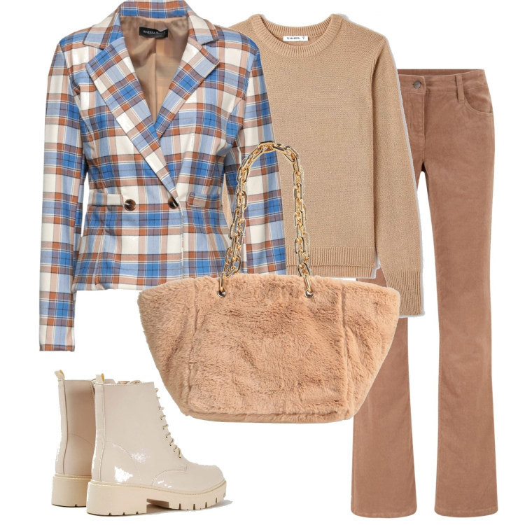 Outfit donna - Con la giacca. Stile Casual per Tutti i giorni. Abbinamento con pantaloni, blazer, borse a spalla, anfibi, maglieria.