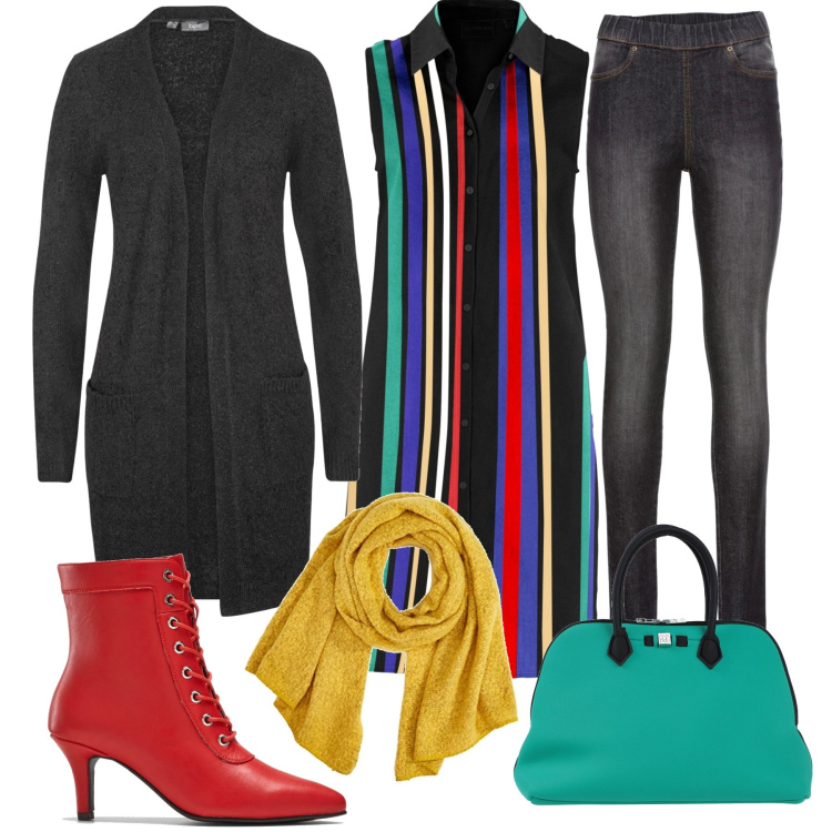 Outfit donna - Colori. Stile Trendy per Tutti i giorni. Abbinamento con cardigans, camicie, jeggings, stivaletti, borse a mano, sciarpe.