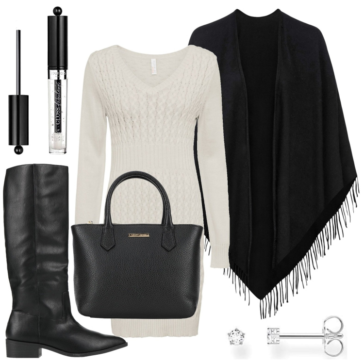 Outfit donna - Lana B&W. Stile Casual per Tutti i giorni. Abbinamento con vestiti, cappotti, stivali, borse a mano, orecchini, gloss.