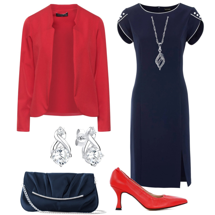 Outfit donna - Blazer rosso. Stile Glamour per Cerimonia. Abbinamento con pochette, vestiti a tubino, blazer, décolleté, ciondoli, orecchini.