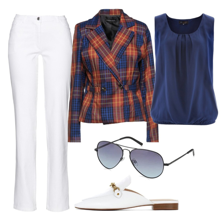 Outfit donna - Focus… la giacca. Stile Trendy per Tutti i giorni. Abbinamento con top, pantaloni, blazer, sabot, occhiali da sole.