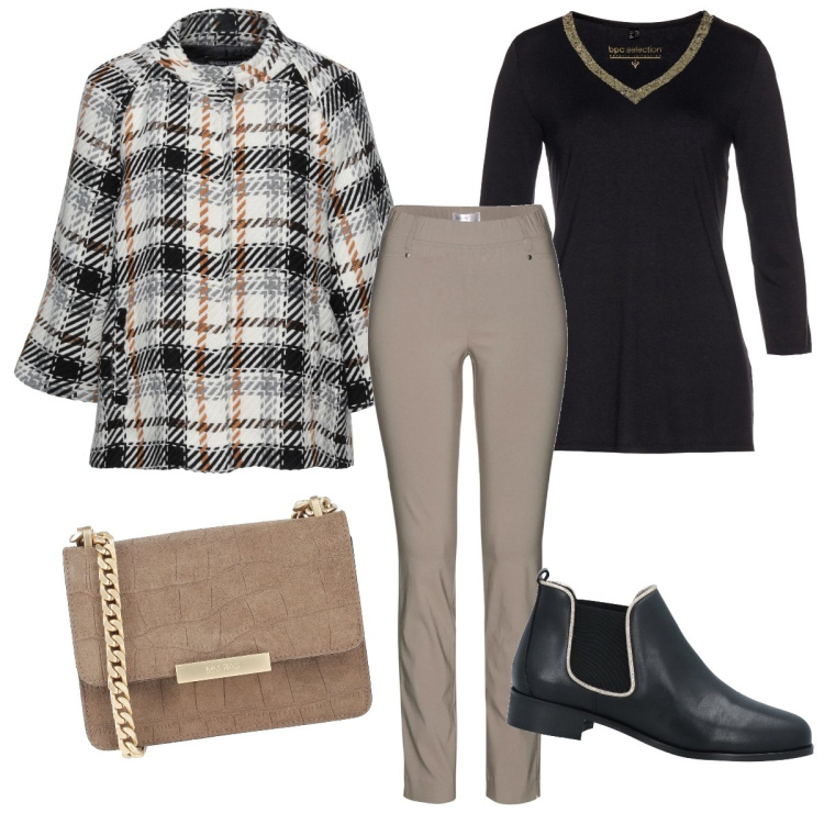 Outfit donna - Lo scollo a V. Stile Casual chic per Ufficio. Abbinamento con pantaloni, maglieria, stivaletti, cappotti, borse a tracolla.