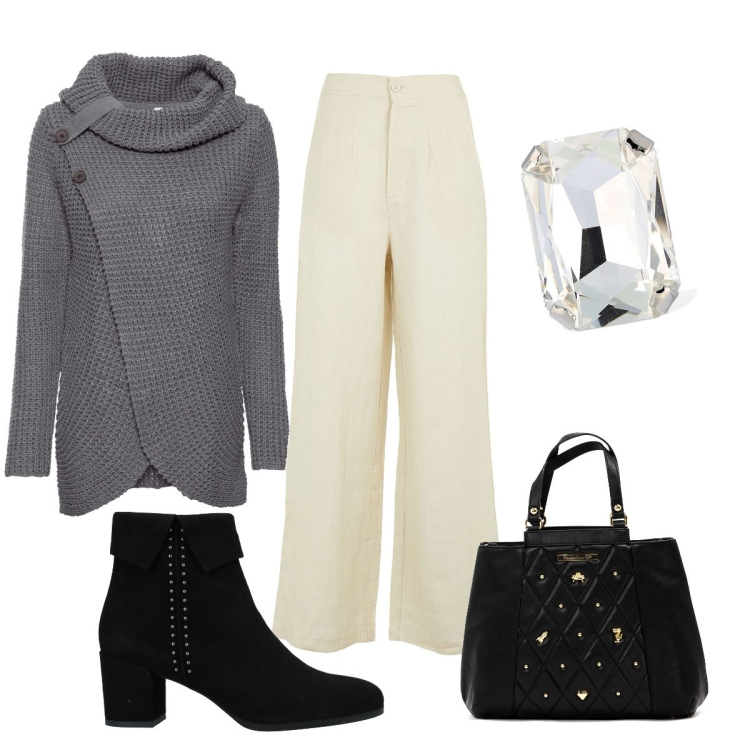 Outfit donna - La maglia grigia. Stile Basic per Ufficio. Abbinamento con maglieria, pantaloni a palazzo, stivaletti, borse a mano, orecchini.