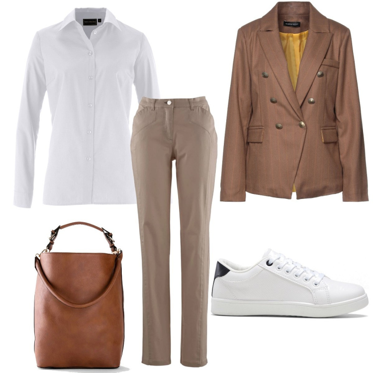 Outfit donna - Con le sneakers bianche. Stile Casual chic per Ufficio. Abbinamento con camicie, pantaloni, sneakers, shopping bag, blazer.