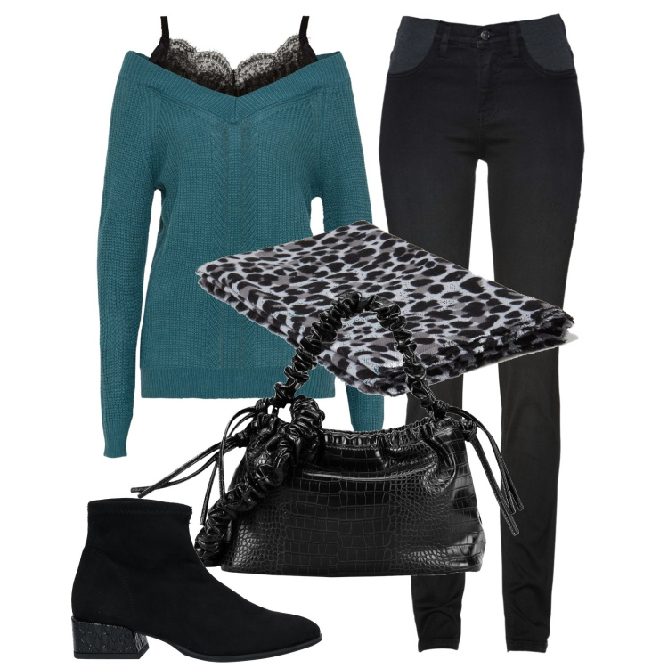 Outfit donna - Petrolio. Stile Basic per Ufficio. Abbinamento con jeans skinny, maglieria, stivaletti, borse a mano, sciarpe.