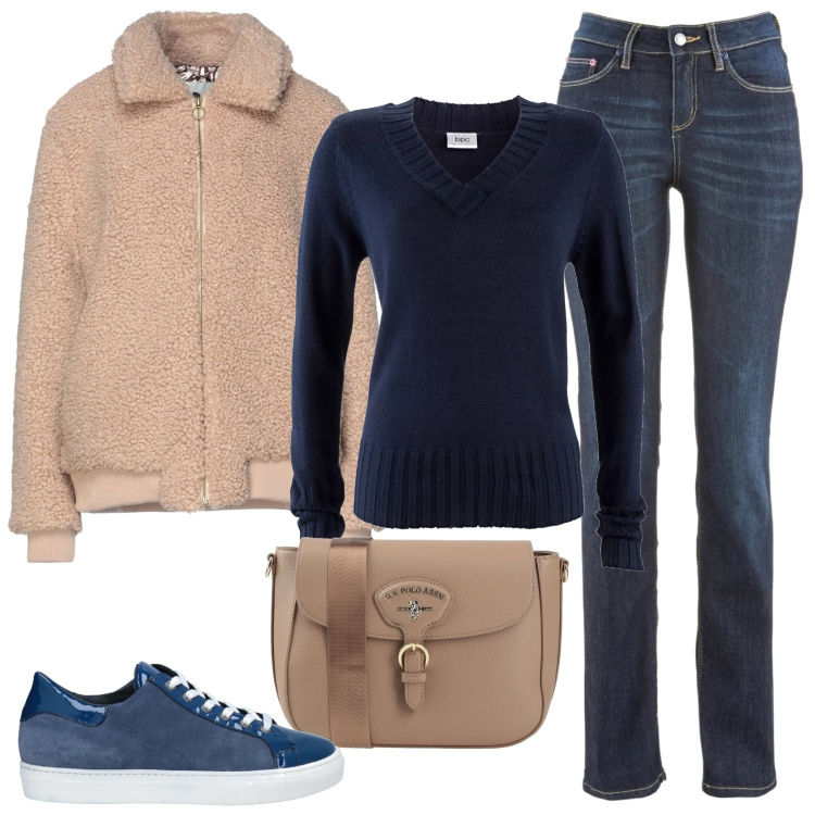 Outfit donna - Blu&Beige. Stile Basic per Tutti i giorni. Abbinamento con jeans dritti, maglieria, sneakers, cappotti, borse a tracolla.