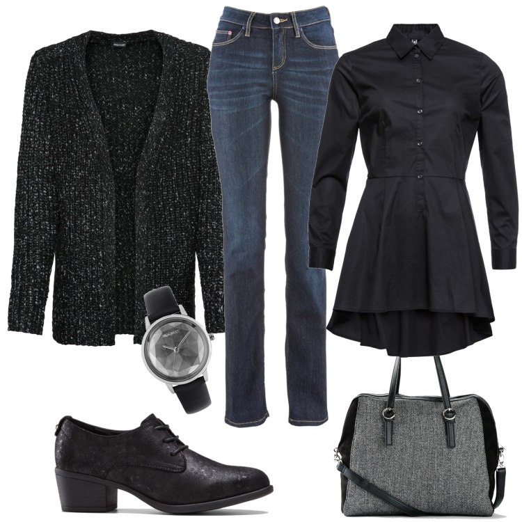 Outfit donna - Style school. Stile Casual chic per Tutti i giorni. Abbinamento con camicie, borse a mano, jeans dritti, cardigans, francesine, orologi.