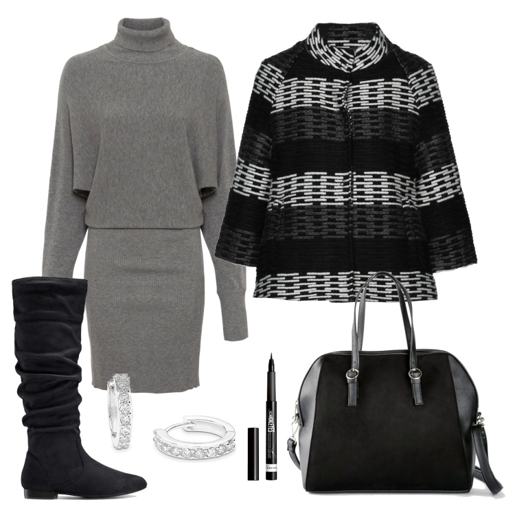 Outfit donna - Classic black and white. Stile Chic per Ufficio. Abbinamento con vestiti, stivali, borse a mano, cappotti, eyeliner, orecchini.