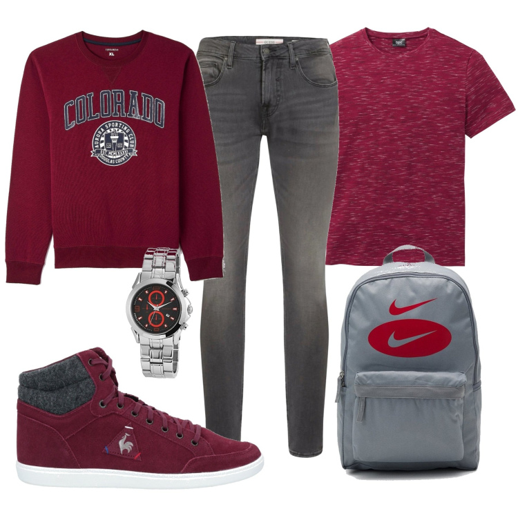 Outfit uomo - Solo due colori. Stile Urban per Tutti i giorni. Abbinamento con t-shirt, sneakers, felpe con cappuccio, borse sportive, jeans skinny, orologi.