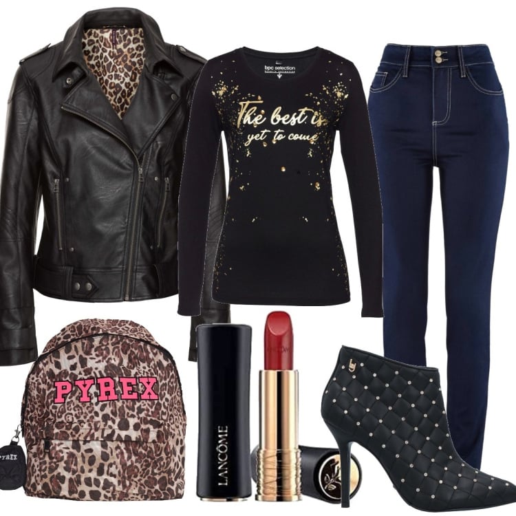 Outfit donna - Aggressive. Stile Rock per Tutti i giorni. Abbinamento con jeans slim fit, cappotti, maglieria, stivaletti, zaini, rossetti.