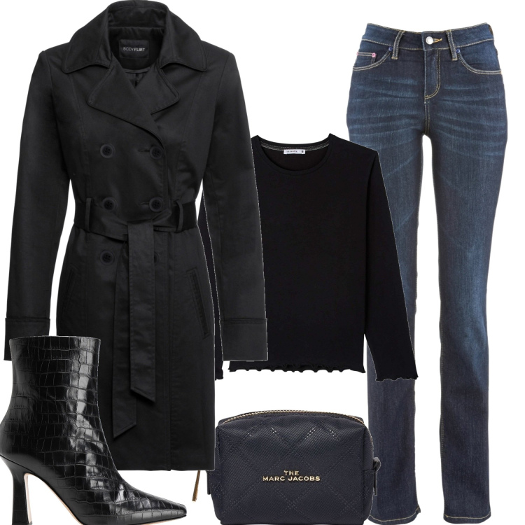 Outfit donna - Total look #1438522. Stile Casual chic per Tutti i giorni. Abbinamento con trench, jeans dritti, stivaletti, t-shirt, clutch.