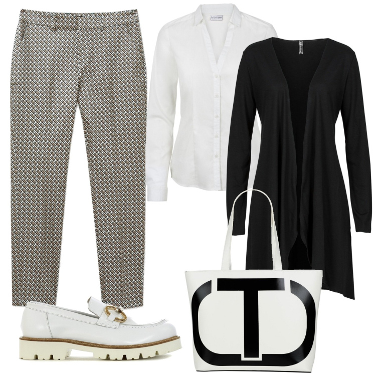 Outfit donna - Camicia bianca. Stile Casual per Ufficio. Abbinamento con cardigans, camicie, borse a mano, mocassini, pantaloni.