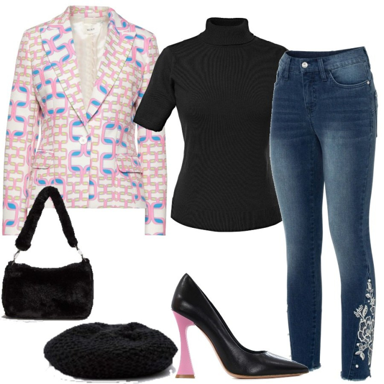 Outfit donna - Total look #1438573. Stile Casual per Scuola/Università. Abbinamento con blazer, maglieria, bikini, borse a spalla, cappelli con visiera, décolleté.