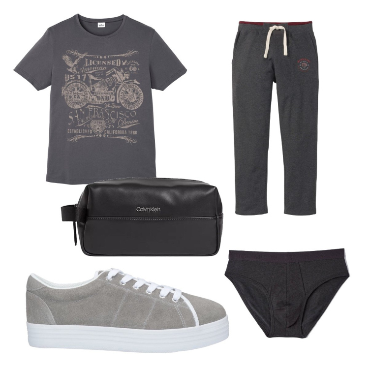 Outfit uomo - Tutti i giorni trendy. Stile Trendy per Tutti i giorni. Abbinamento con pantaloni, t-shirt, sneakers, slip, borse sportive.