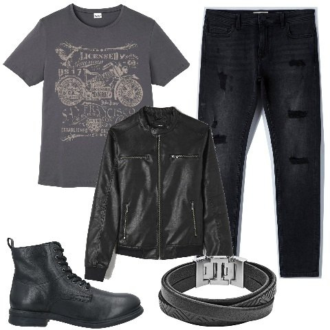 Outfit uomo - Un animo da biker. Stile Biker Rock per Tutti i giorni. Abbinamento con t-shirt, stivali e stivaletti, jeans skinny, cappotti, braccialetti.