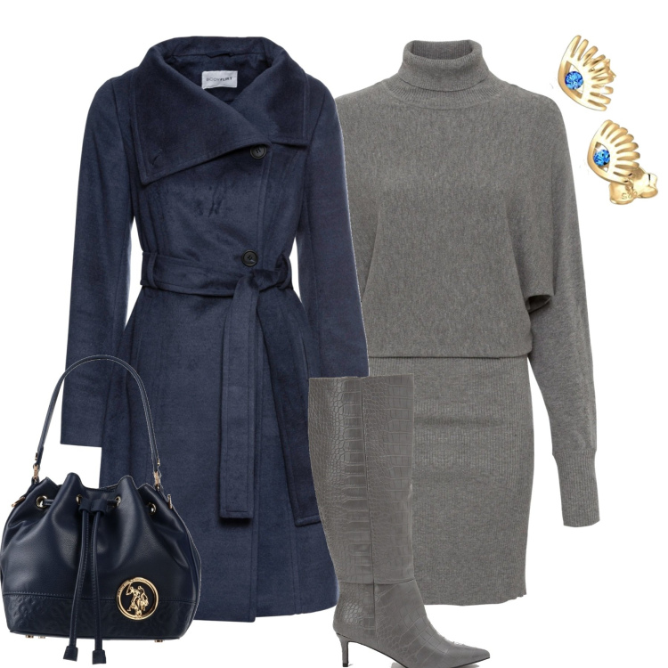 Outfit donna - Rainy day. Stile Casual chic per Tutti i giorni. Abbinamento con borse a mano, vestiti, cappotti, stivali, orecchini.