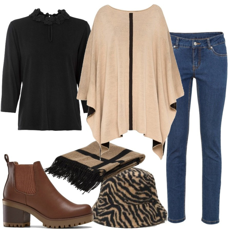 Outfit donna - Total look #1438610. Stile Casual per Ufficio. Abbinamento con stivaletti chelsea, cappotti, maglieria, jeans skinny, cappelli, cappe.