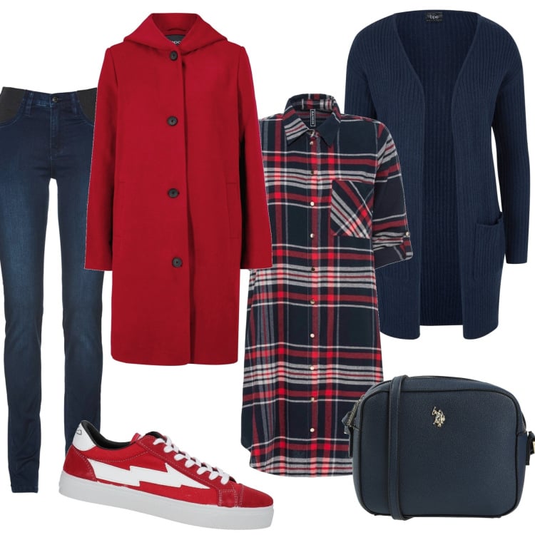 Outfit donna - Cappuccetto rosso. Stile Casual per Tutti i giorni. Abbinamento con vestiti chemisier, cardigans, jeans, cappotti, borse a tracolla, sneakers.