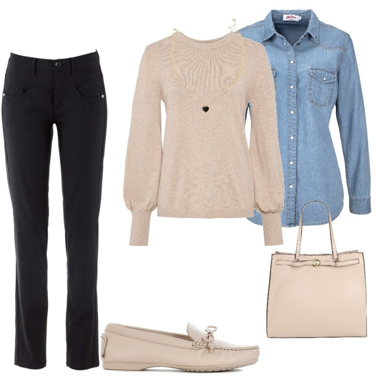 Outfit donna - Total look #1438621. Stile Casual per Ufficio. Abbinamento con maglieria, camicie, pantaloni, borse a mano, mocassini, ciondoli.