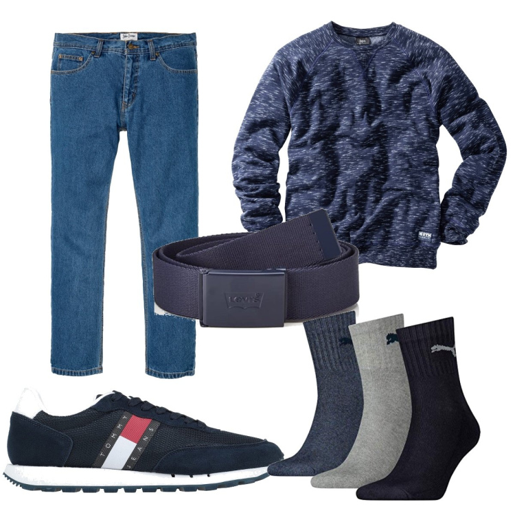 Outfit uomo - I jeans a ottobre. Stile Trendy per Tutti i giorni. Abbinamento con jeans dritti, felpe, sneakers, cinture, calzini.