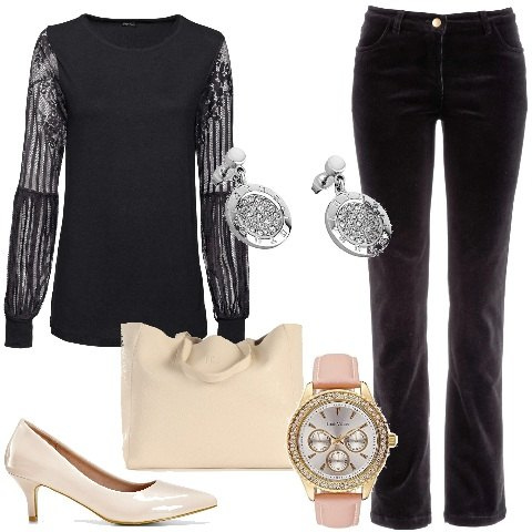 Outfit donna - Un allure dal pizzo nero. Stile Chic per Tutti i giorni. Abbinamento con bluse, pantaloni, décolleté, shopping bag, orologi analogici, orecchini.