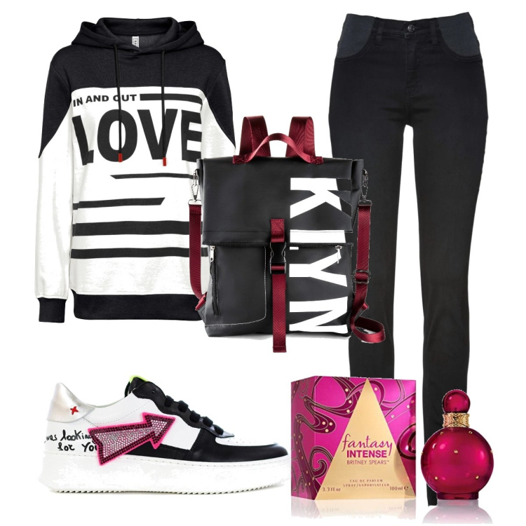 Outfit donna - Total look #1438668. Stile Glamour per Scuola/Università. Abbinamento con jeans skinny, felpe con cappuccio, zaini, sneakers, profumi.