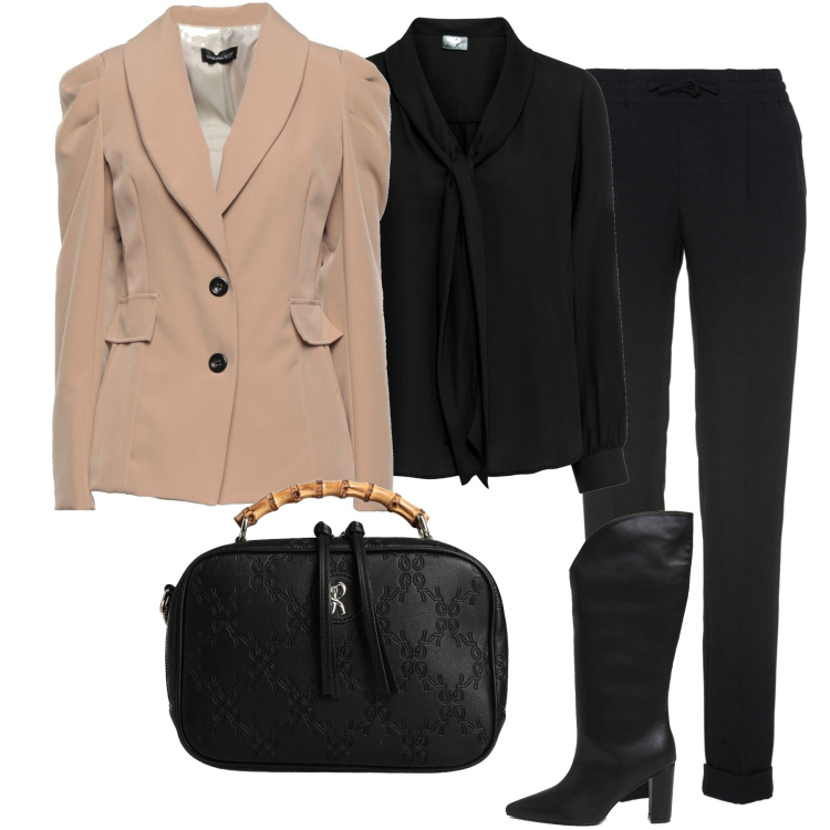 Outfit donna - Beige e nero. Stile Chic per Ufficio. Abbinamento con pantaloni, camicie, blazer, borse a mano, stivali.