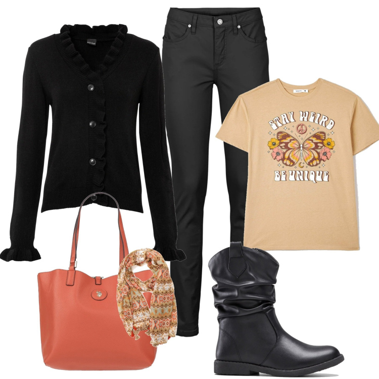 Outfit donna - Borsa arancio. Stile Casual chic per Tutti i giorni. Abbinamento con jeans skinny, cardigans, stivali, borse a spalla, t-shirt, foulard.