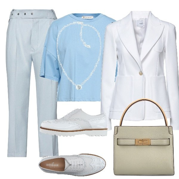 Outfit donna - Il bianco d\'autunno. Stile Bon Ton per Ufficio. Abbinamento con scarpe stringate, pantaloni, blazer, t-shirt, ciondoli, borse a mano.