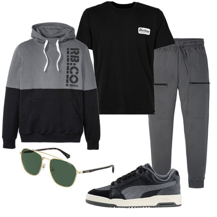 Outfit uomo - Mondo sportivo. Stile Casual per Sport. Abbinamento con felpe con cappuccio, pantaloni, sneakers, t-shirt, occhiali da sole.