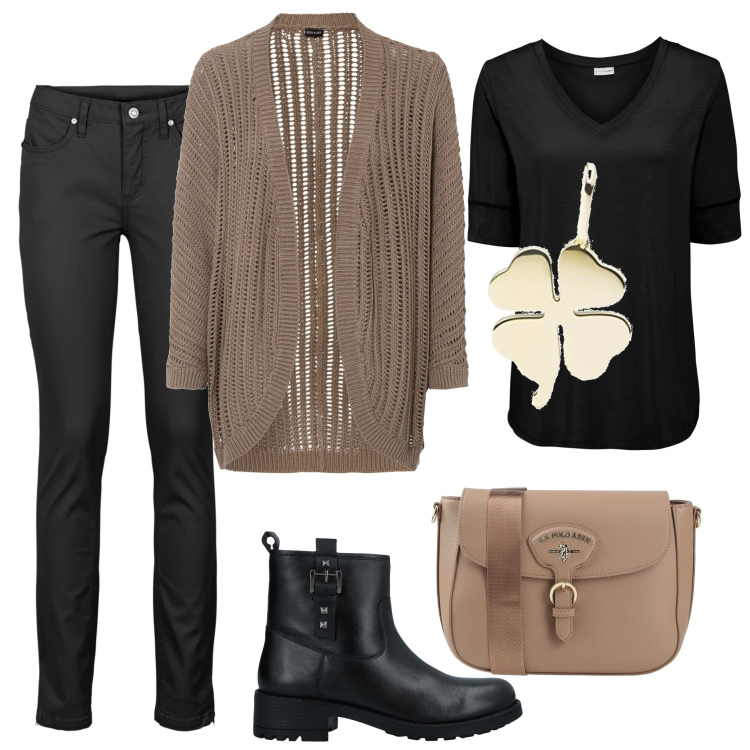 Outfit donna - Con un po\' di fortuna. Stile Urban per Tutti i giorni. Abbinamento con jeans skinny, cardigans, t-shirt, stivaletti, borse a tracolla, collane.
