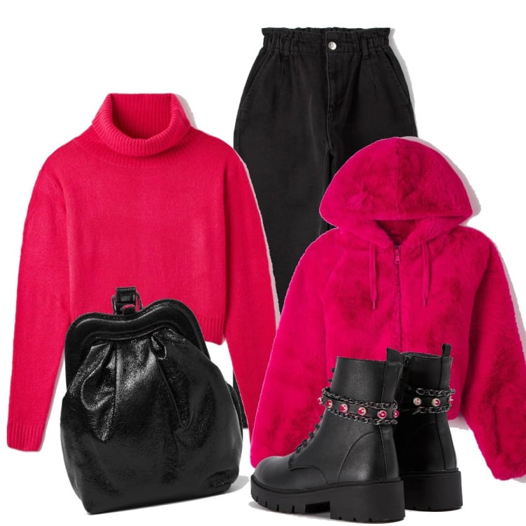 Outfit donna - Total look #1438894. Stile Urban per Tutti i giorni. Abbinamento con anfibi, jeans, cappotti, maglieria, pochette.