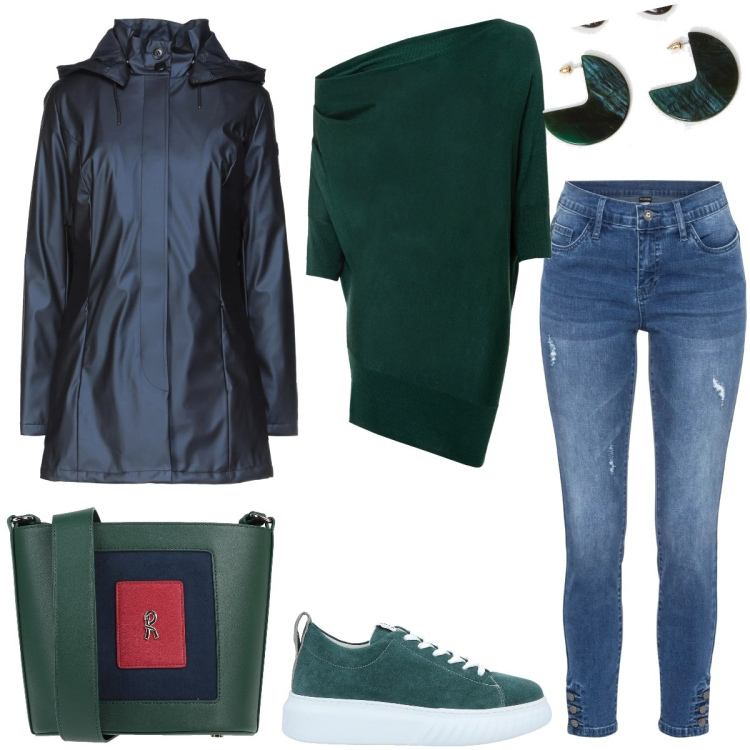 Outfit donna - Università. Stile Casual per Scuola/Università. Abbinamento con sneakers, cappotti, borse a tracolla, blazer, jeans skinny, orecchini.