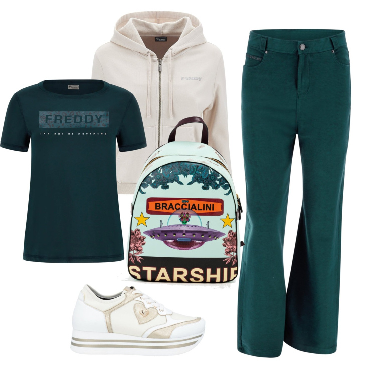 Outfit donna - Sport in verde bosco. Stile Casual per Scuola/Università. Abbinamento con sneakers, zaini, pantaloni, felpe con cappuccio, t-shirt.